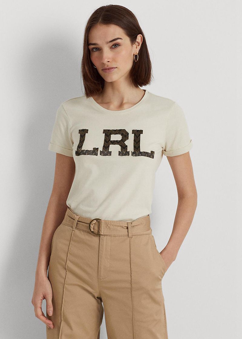 Camiseta Lauren Mujer Beaded-Logo Jersey Chile Beige JSYTG-3982